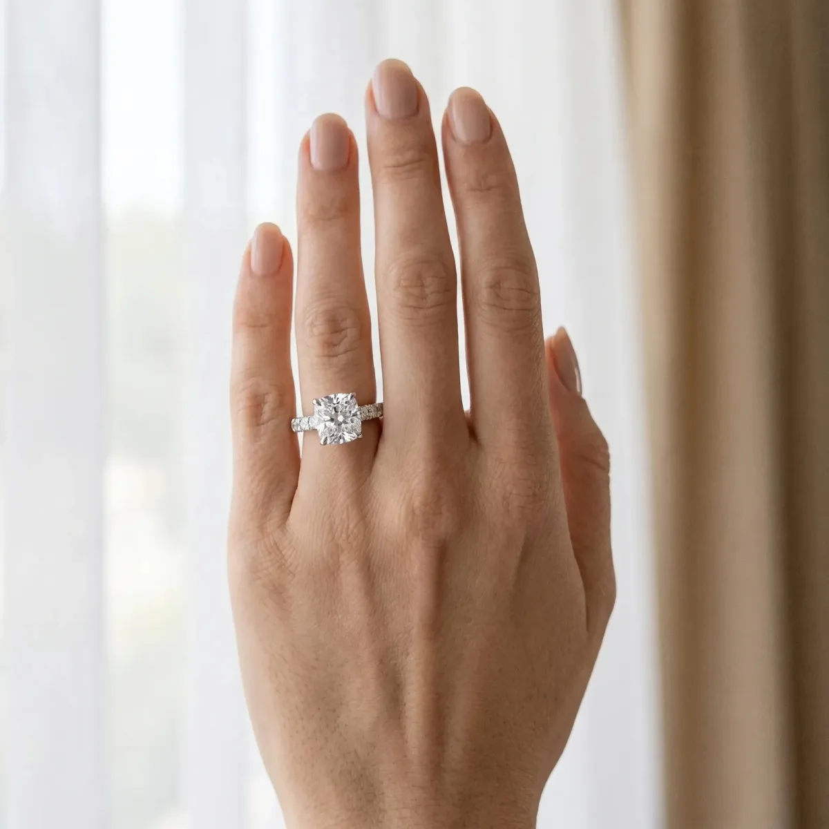 Cushion Cut Brilliant Diamond Pavé Band with Six-Prong Setting Silver