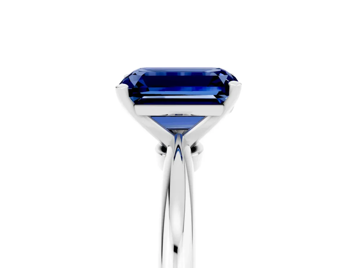 Emerald Cut Blue Sapphire Solitaire Ring with Six-Prong Setting and Classic Band Platinum