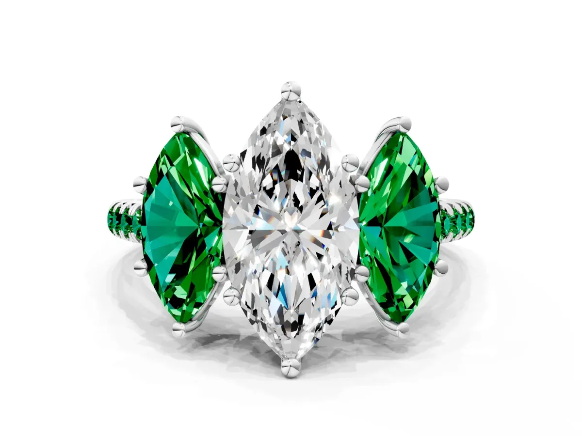 Three-Stone Marquise Cut Diamond Ring with Round Emerald Pavé Band and Prong Setting Silver