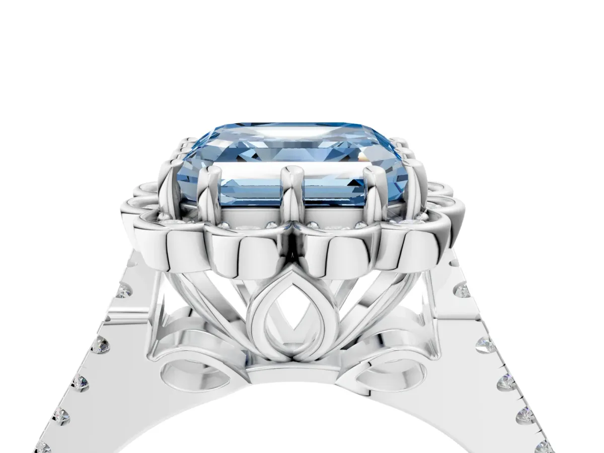 Fancy Blue Asscher Cut Halo Diamond Floral Split Shank Engagement Ring Platinum