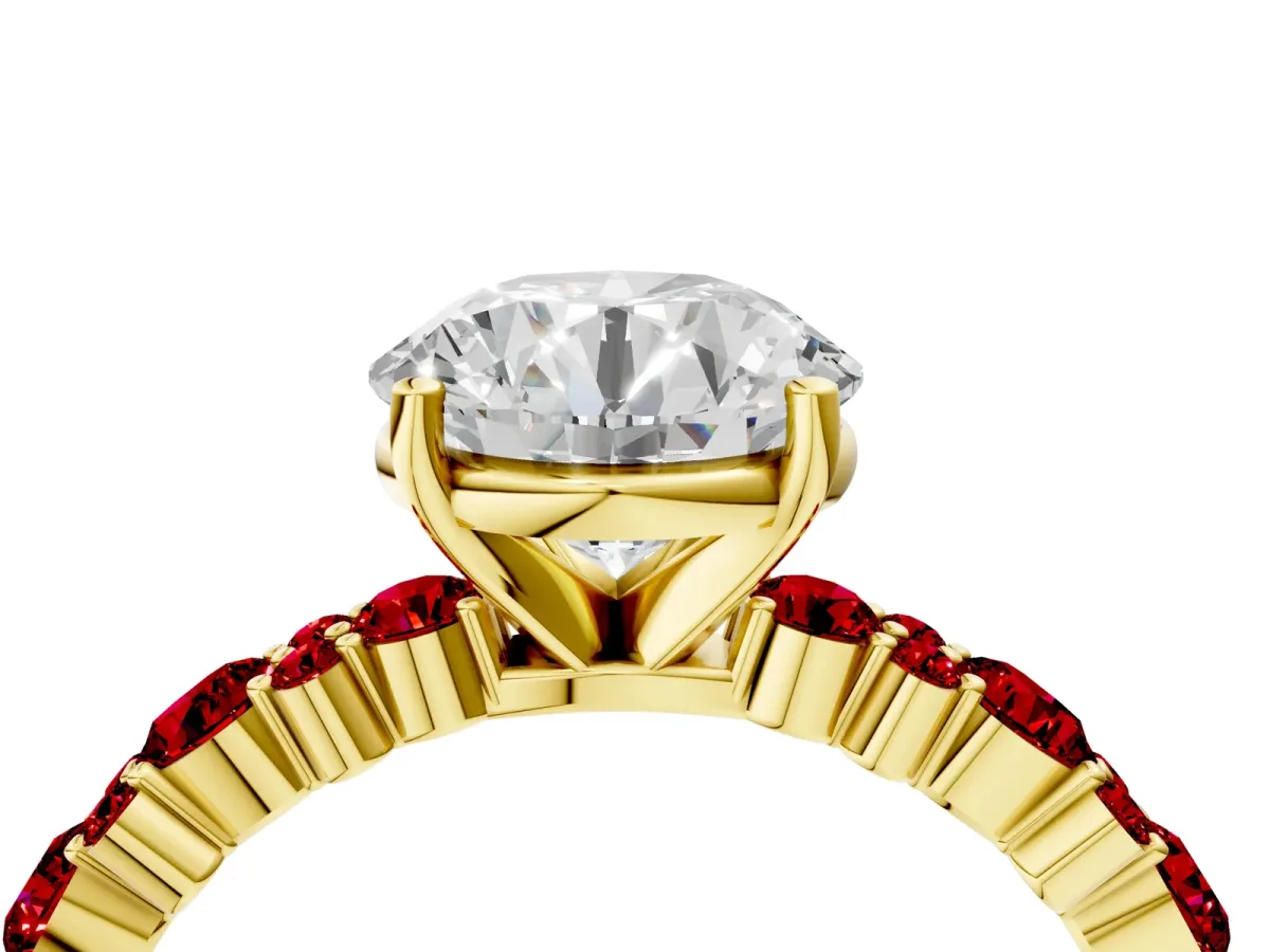 Round Cut Diamond Side Stone Solitaire Ring with Round Ruby and Four-Prong Setting Yellow gold