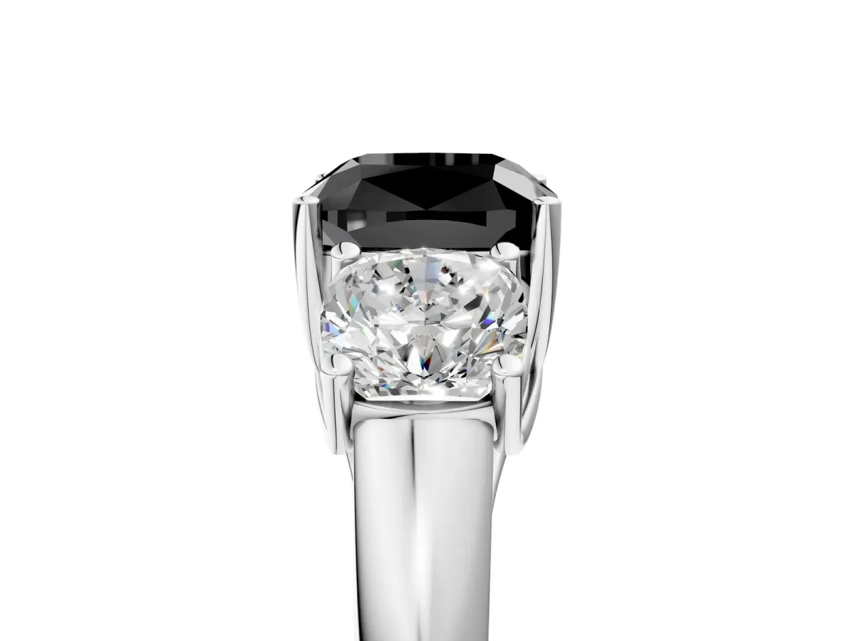 Fancy Black Three-Stone Cushion Cut Diamond Engagement Ring with Prong Setting White gold