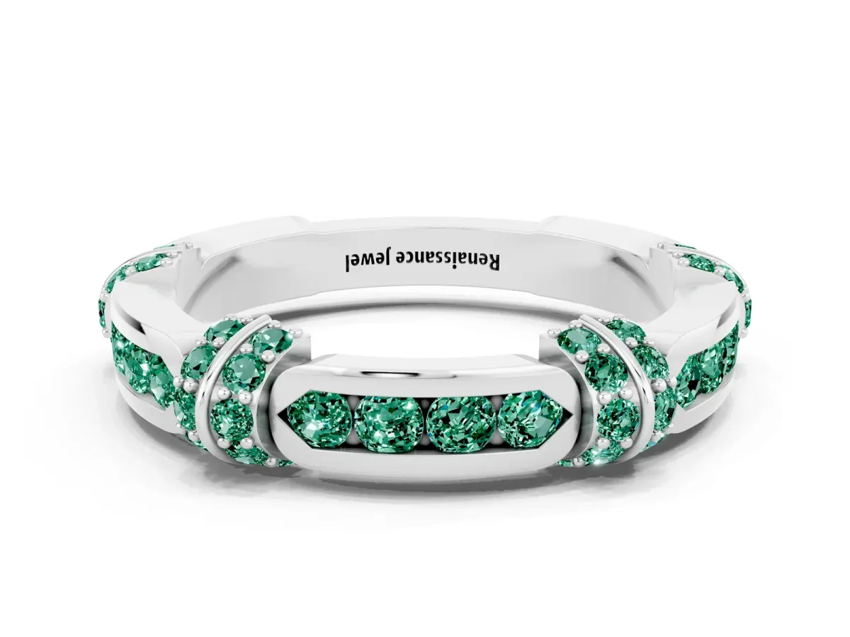 Pavé Round Green Sapphire Link Band with Bezel Setting White gold