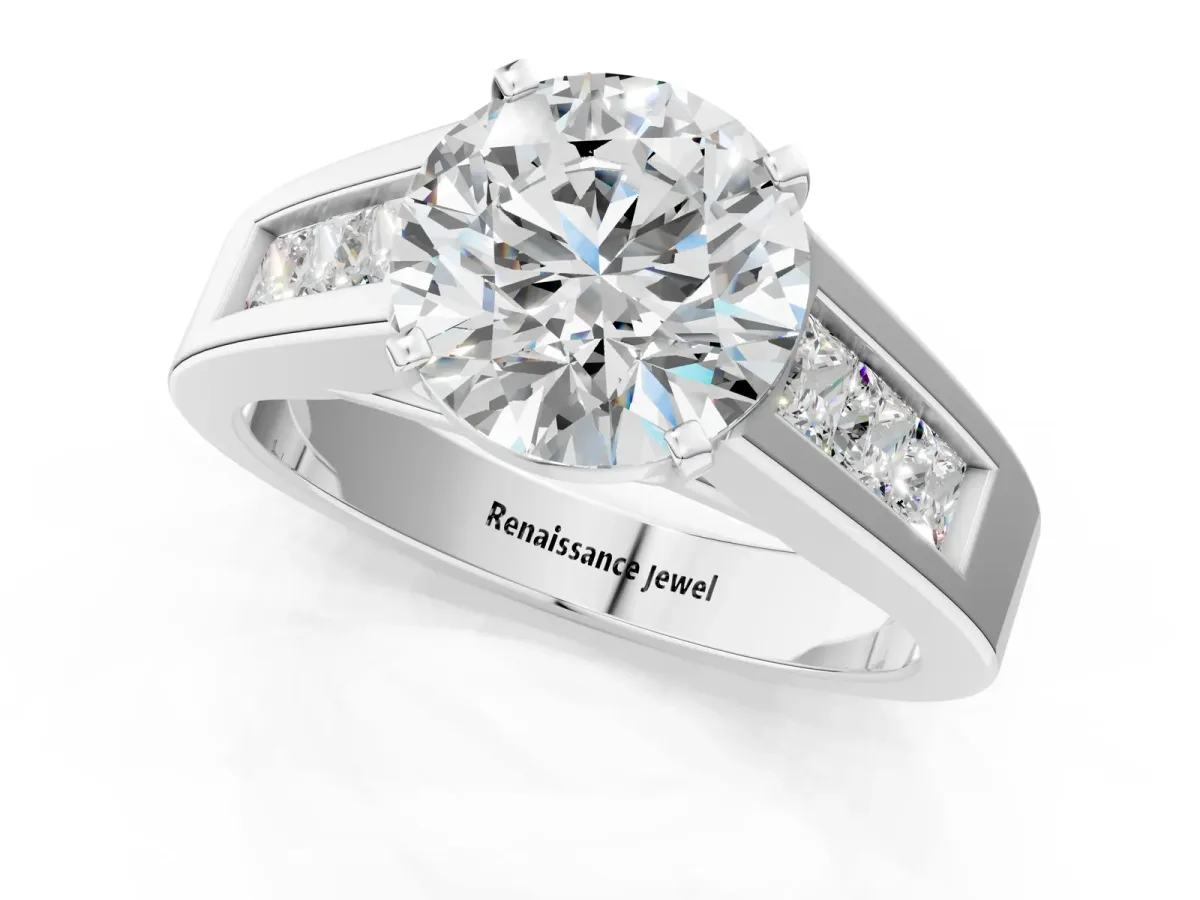 Round Cut Cut Channel Set Solitaire Ring with Four-Prong Setting Platinum