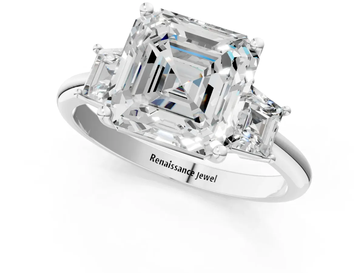 Asscher Cut Diamond Three-Stone Ring with Trapezoid Side Stones and Prong Setting Silver