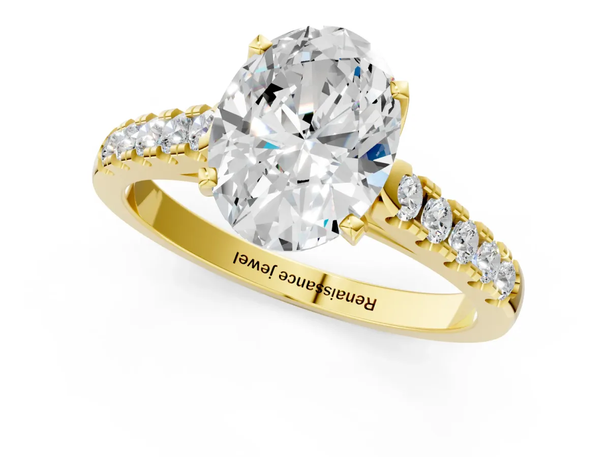 Oval Cut Diamond Pavé Band Solitaire Ring with Prong Setting Yellow gold