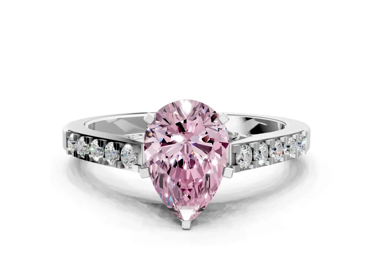 Fancy Pink Pear Cut Diamond Solitaire Ring with Crossover Gallery and Round Pavé Band Silver