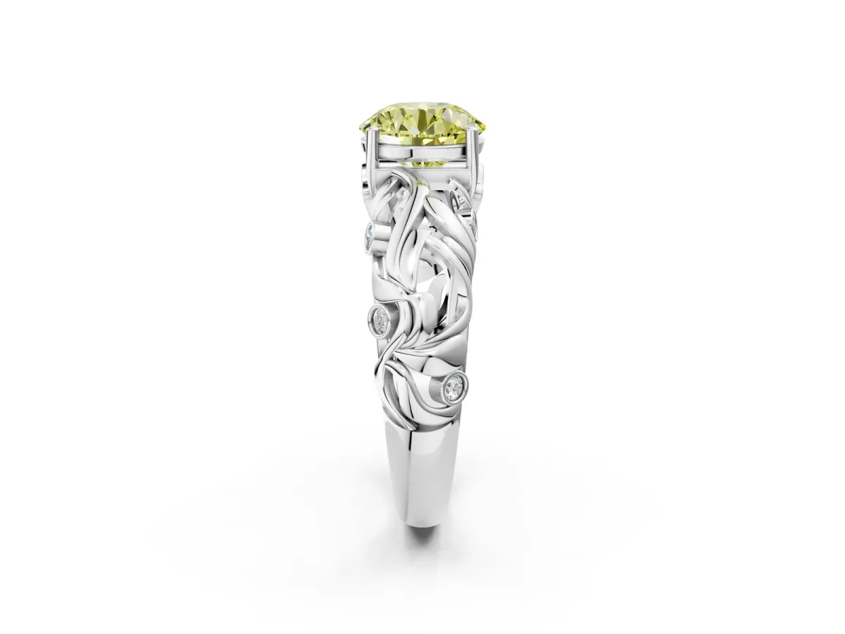 Fancy Yellow Round Cut Solitaire Diamond Leaf-Inspired Vine Band Ring with Prong Setting Silver