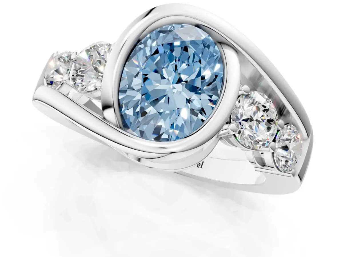 Fancy Blue Bezel Set Oval Cut Diamond Bypass Ring with Round Accents Platinum