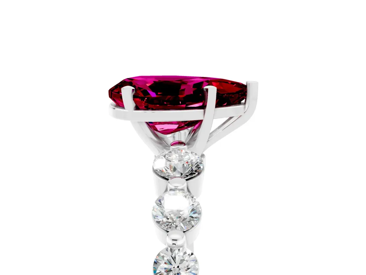 Pear Cut Solitaire Garnet Ring with Pave Band and Four-Prong Setting Platinum