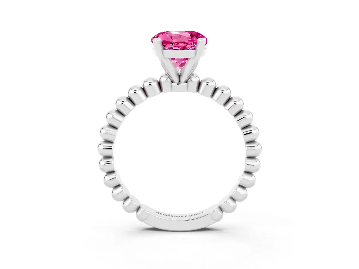 Round Cut Pink Sapphire Solitaire Ring with Beaded Band and Prong Setting Silver
