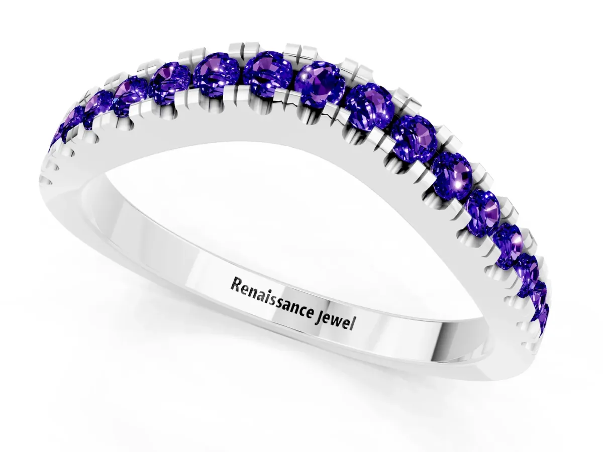 Round Tanzanite Pavé Curved Band with Shared Prong Setting Platinum
