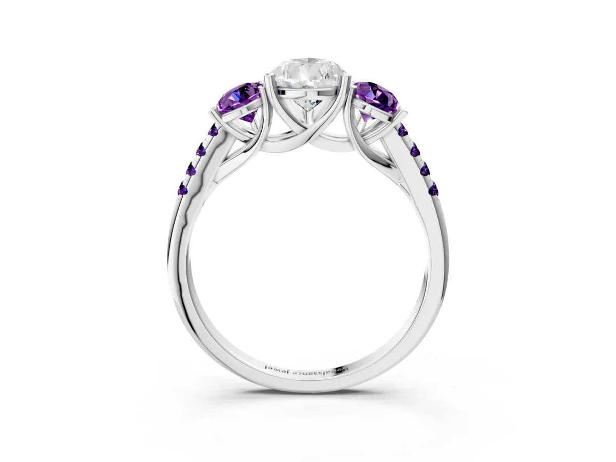 Three-Stone Pear Cut Diamond Ring with Round Amethyst Pavé Band and Prong Setting Silver