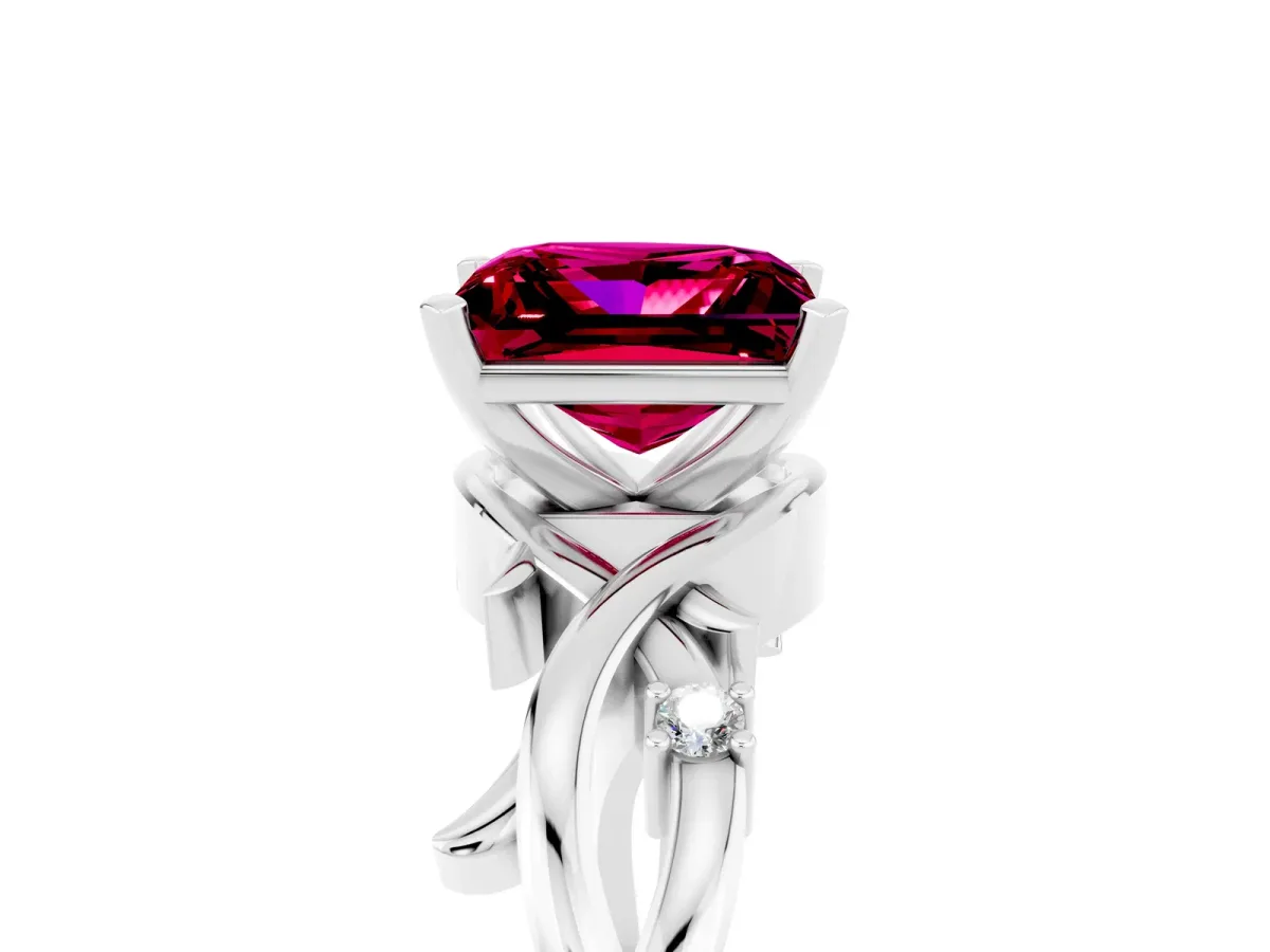 Princess Cut Garnet Solitaire Ring with Twisted Band and Prong Setting White gold