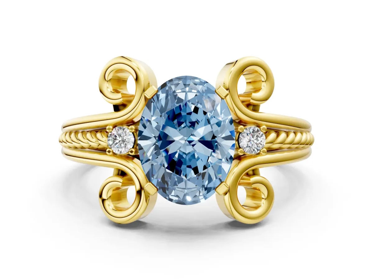 Fancy Blue Oval Cut Solitaire Twisted Band Scroll Prong Ring Yellow gold