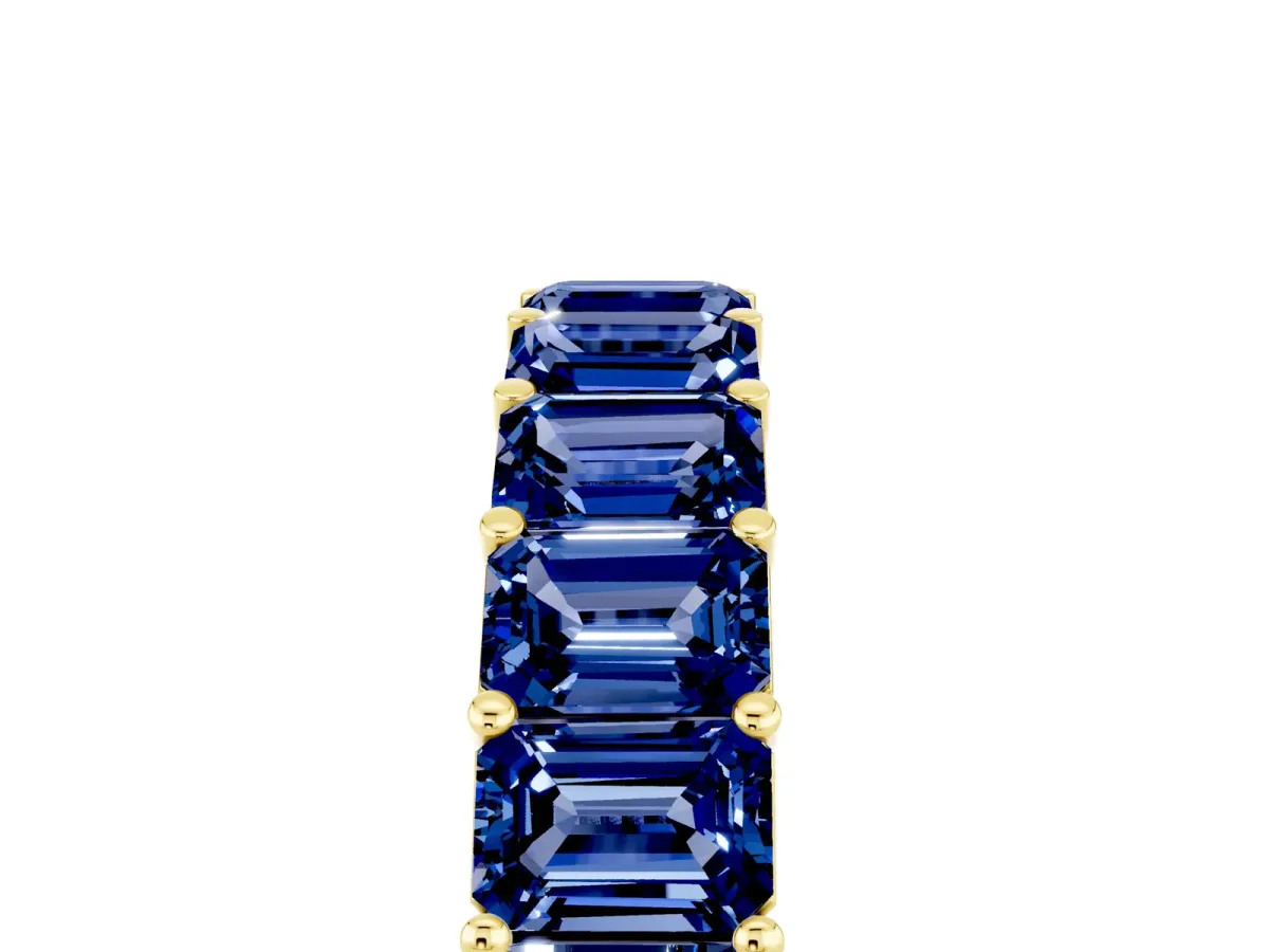 Emerald Cut Blue Sapphire Eternity Band with Shared Prong Setting Yellow gold