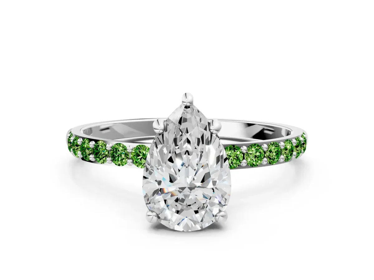 Pear Cut Diamond Solitaire Ring with Round Peridot Pavé Band and Prong Setting Platinum