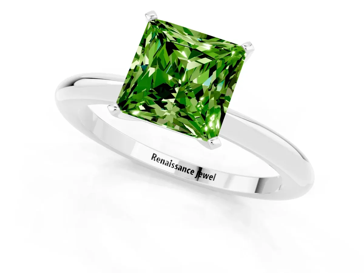Princess Cut Peridot Solitaire Ring with Six-Prong Setting and Classic Band Platinum