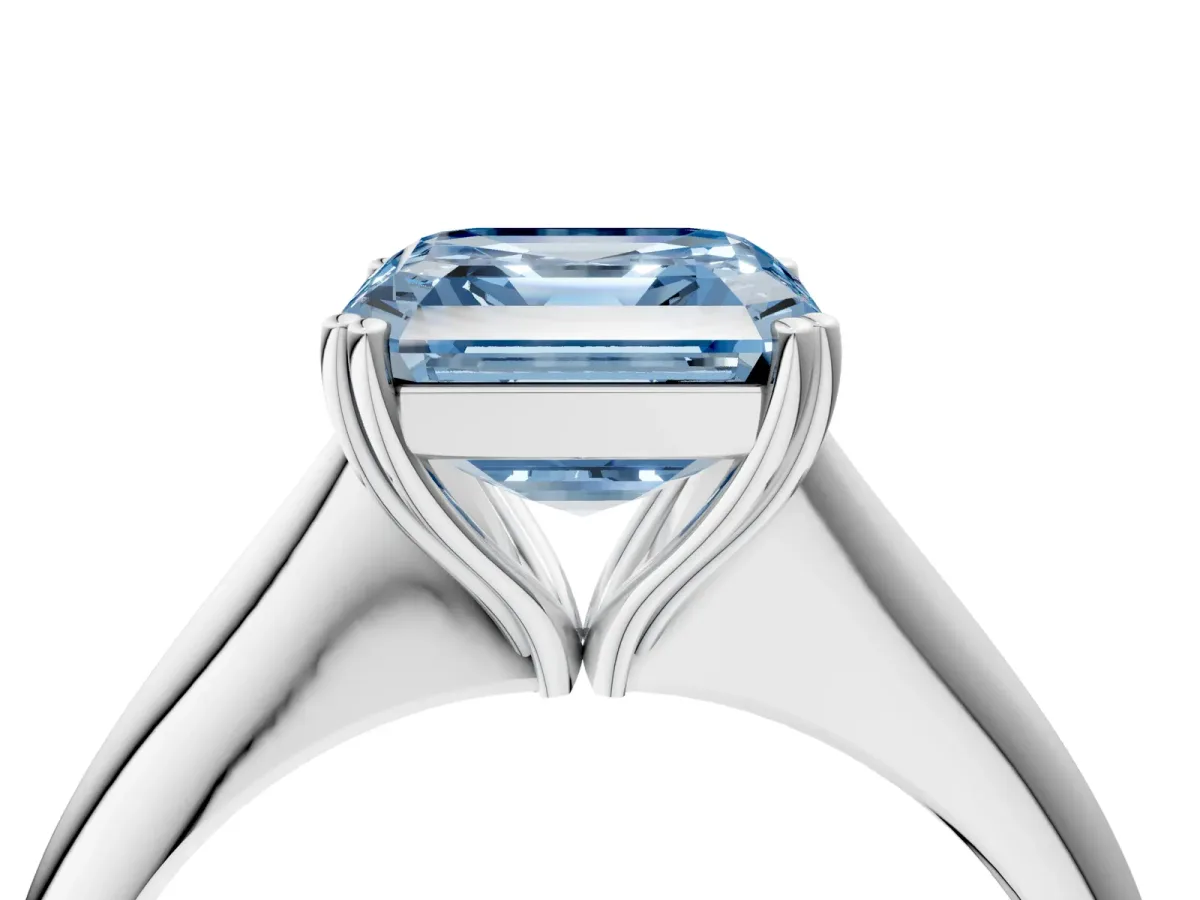 Fancy Blue Asscher Cut Solitaire Diamond Ring with Six-Prong Setting and Classic Band Platinum