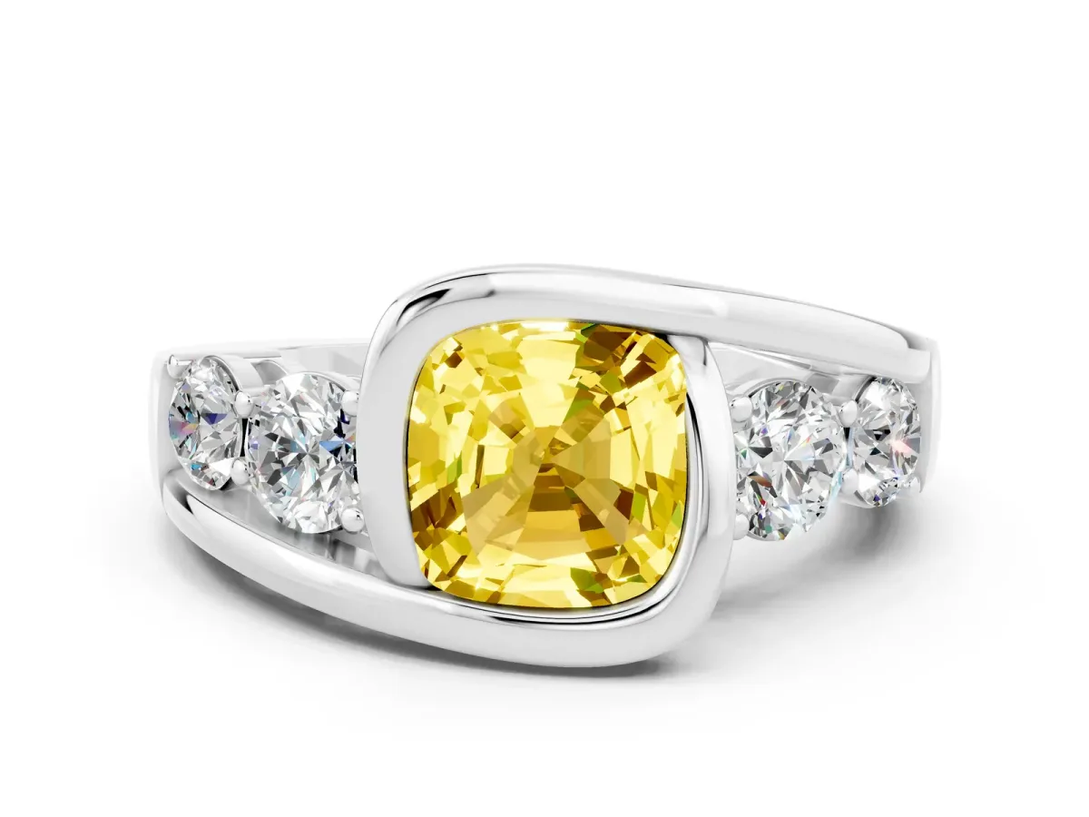 Bezel Set Cushion Cut Yellow Sapphire Bypass Ring with Round Accents Silver