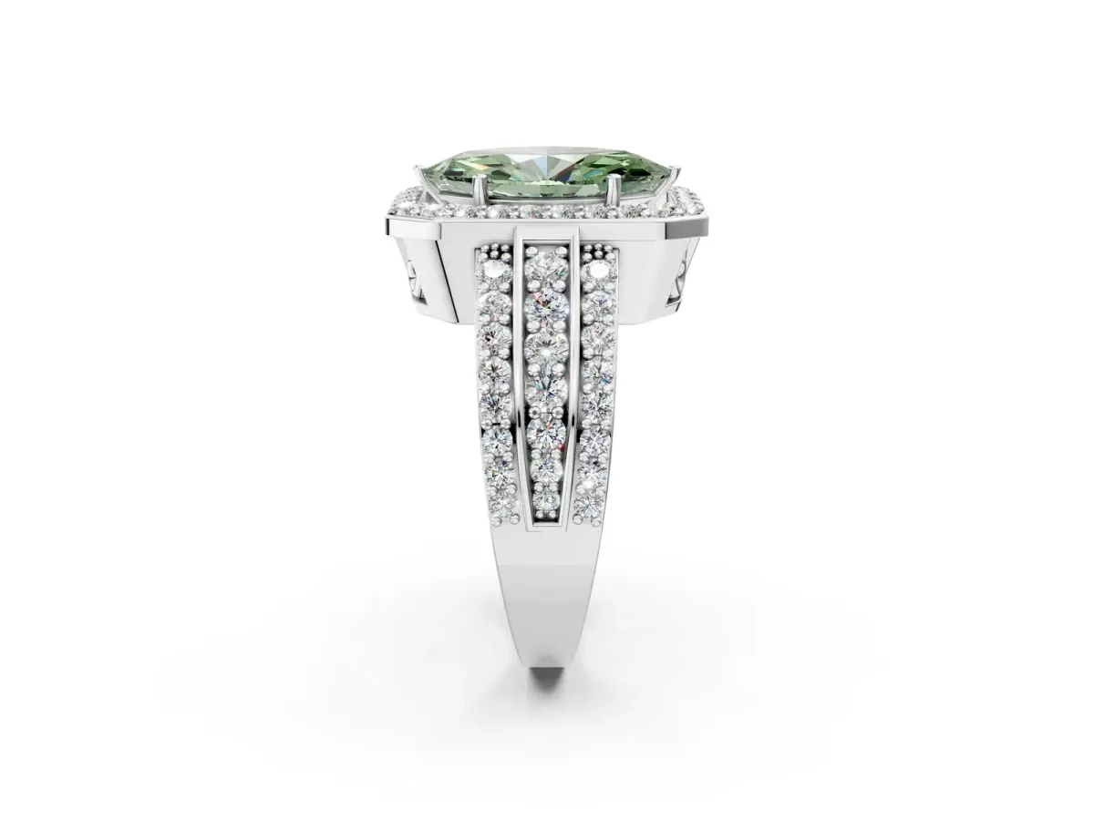 Fancy Green Marquise Cut Halo Diamond Ring with Round Split Shank and Prong Setting Platinum