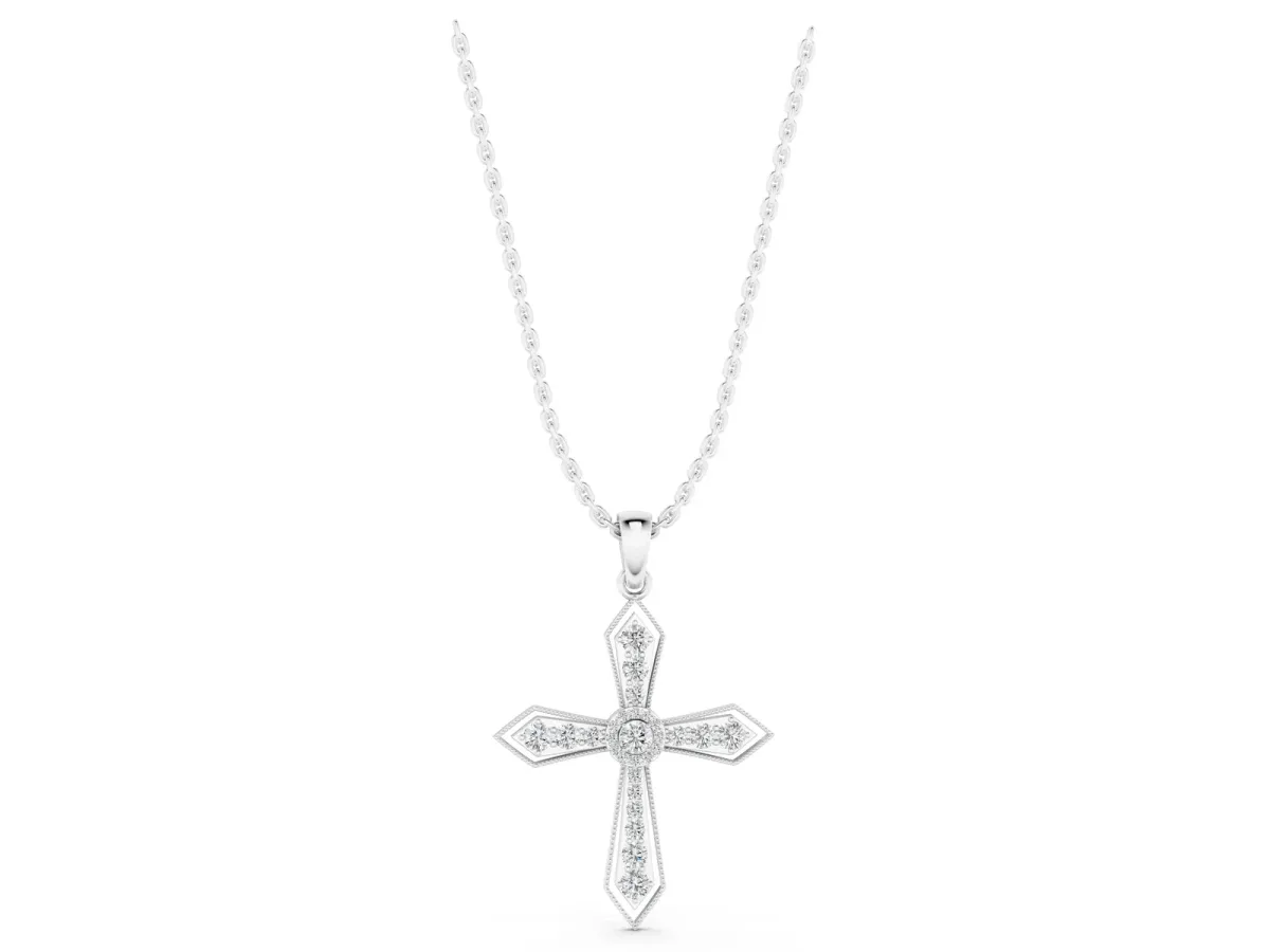 Round Diamond Milgrain Cross Pendant with Bezel Setting White gold