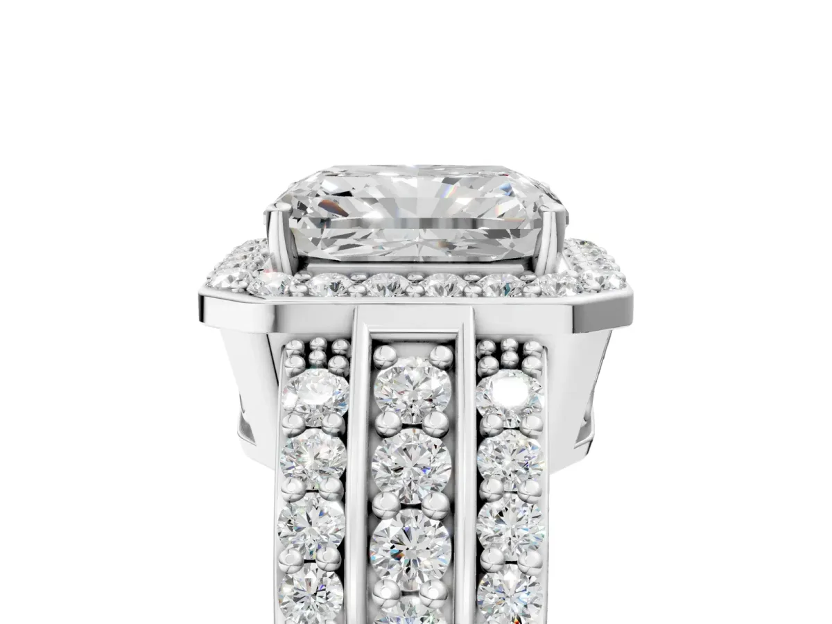 Radiant Cut Halo Diamond Ring with Round Moissanite Split Shank and Prong Setting Silver