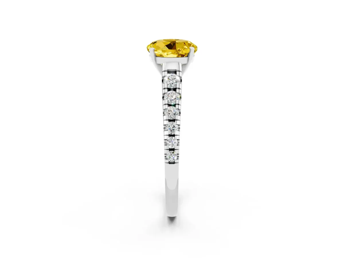 Round Cut Yellow Sapphire Cathedral Solitaire Ring with Round Pavé Band Silver