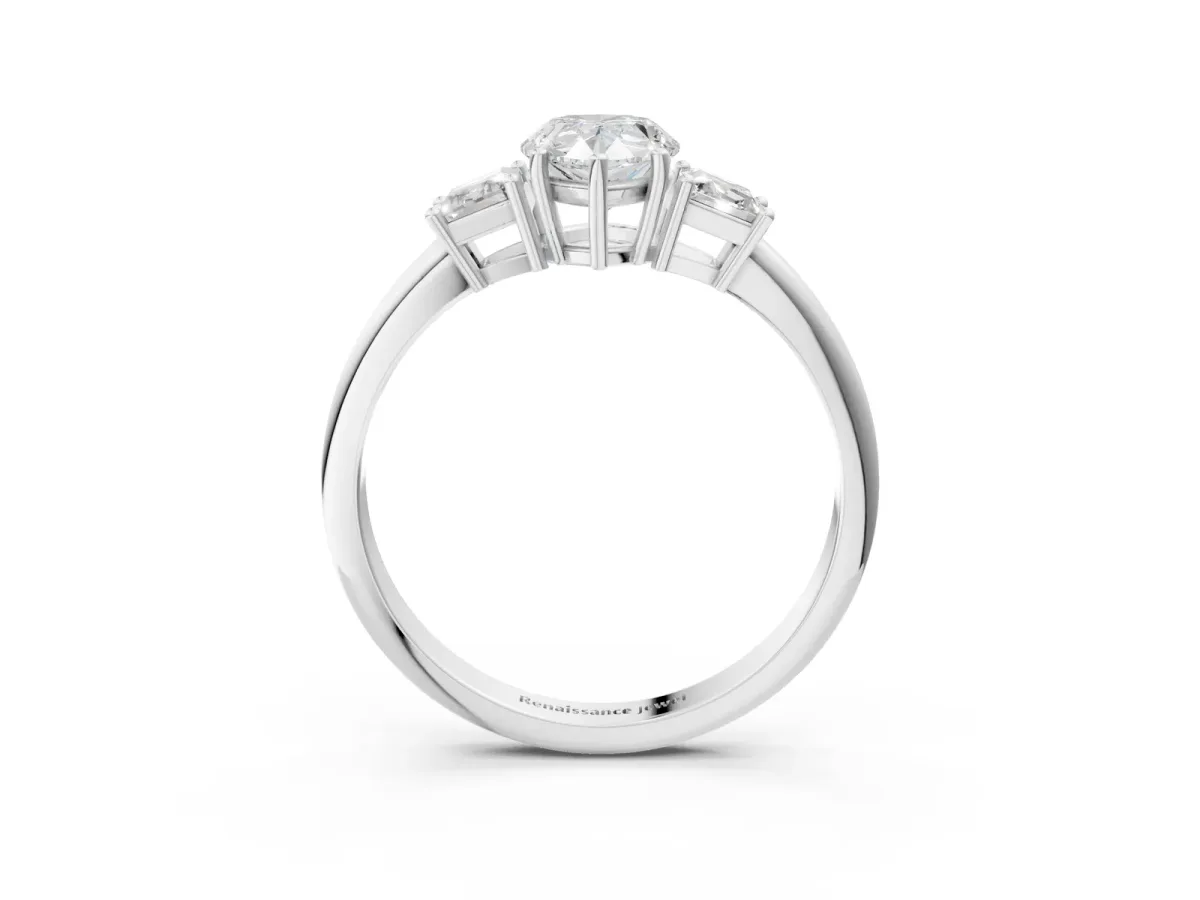 Pear Cut Diamond Three-Stone Ring with Trapezoid Side Stones and Prong Setting White gold