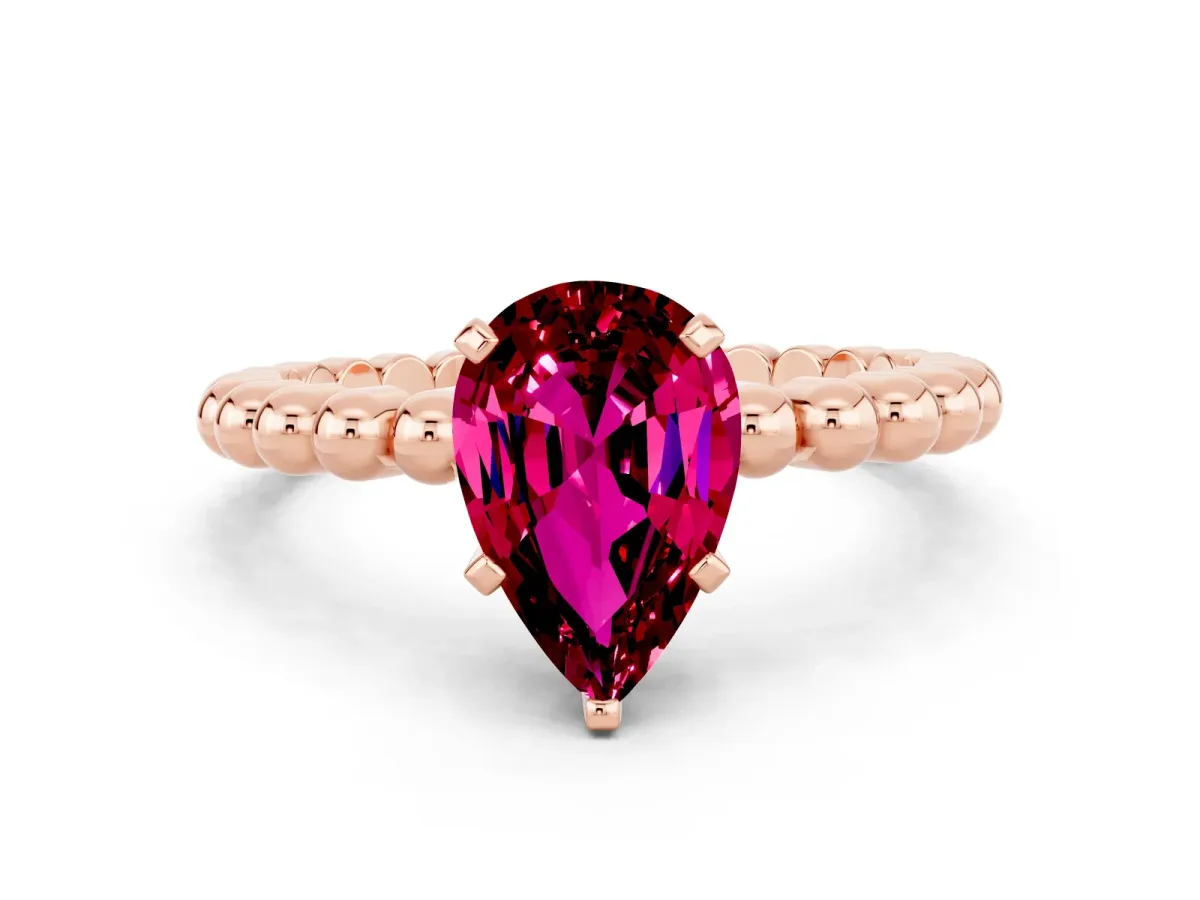 Pear Cut Garnet Solitaire Ring with Beaded Band and Prong Setting Rose gold