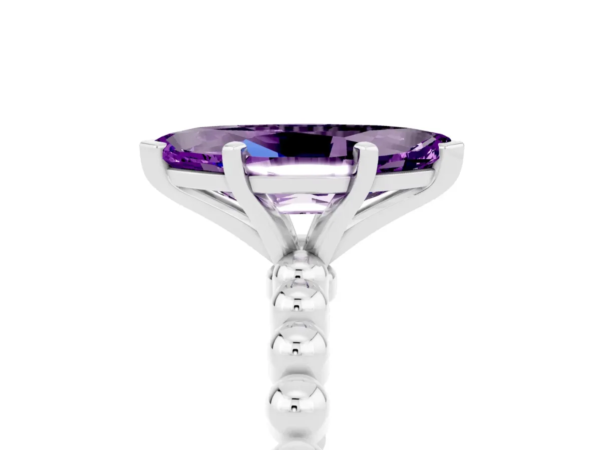 Marquise Cut Amethyst Solitaire Ring with Beaded Band and Prong Setting Platinum