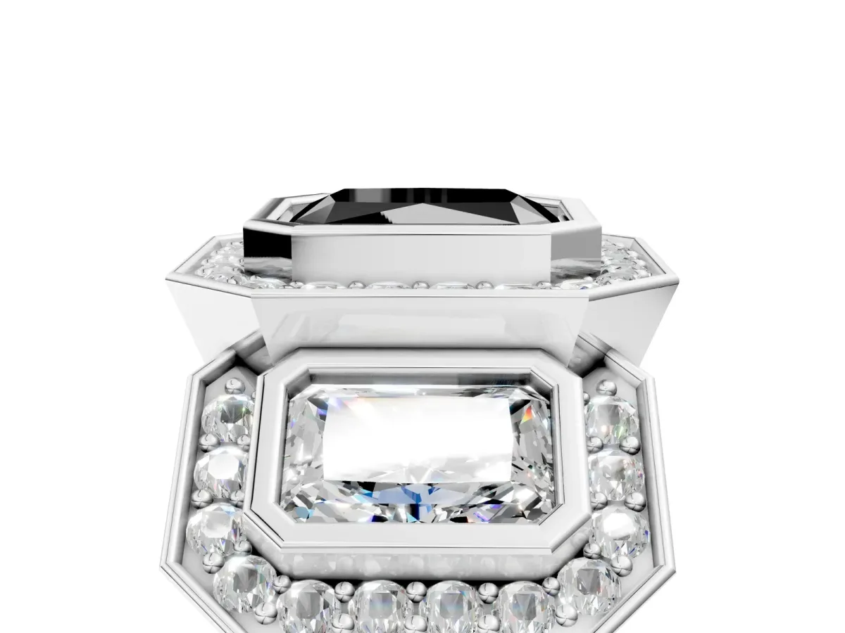 Fancy Black Three-Stone Radiant Cut Halo Pavé Diamond Ring Platinum