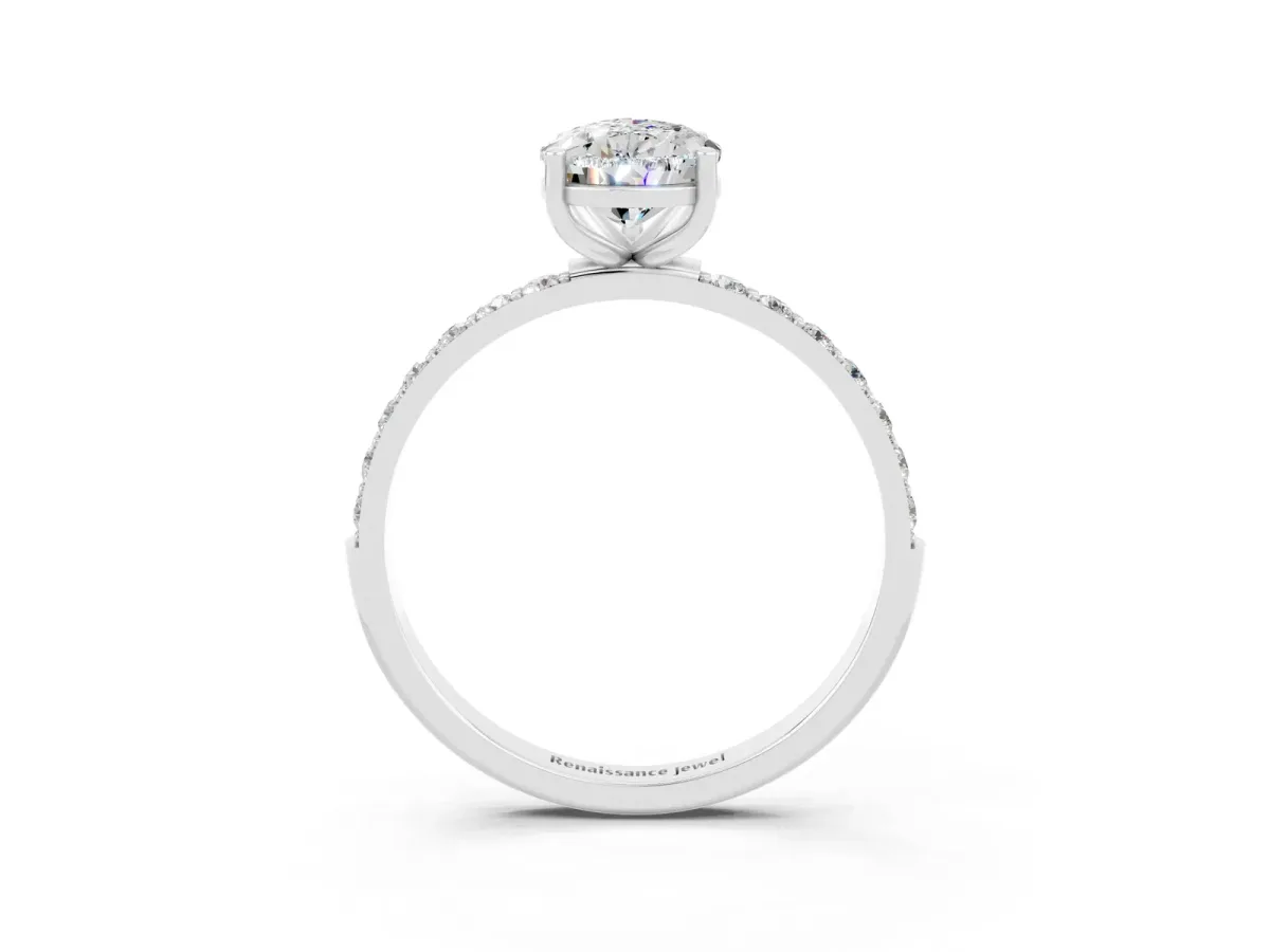 Pear Cut Moissanite Solitaire Ring with Round Pavé Band and Prong Setting Silver