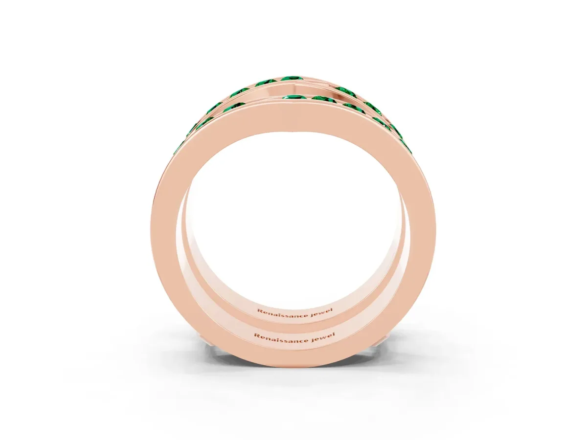 Round Emerald Channel-Set Chevron Band Rose gold