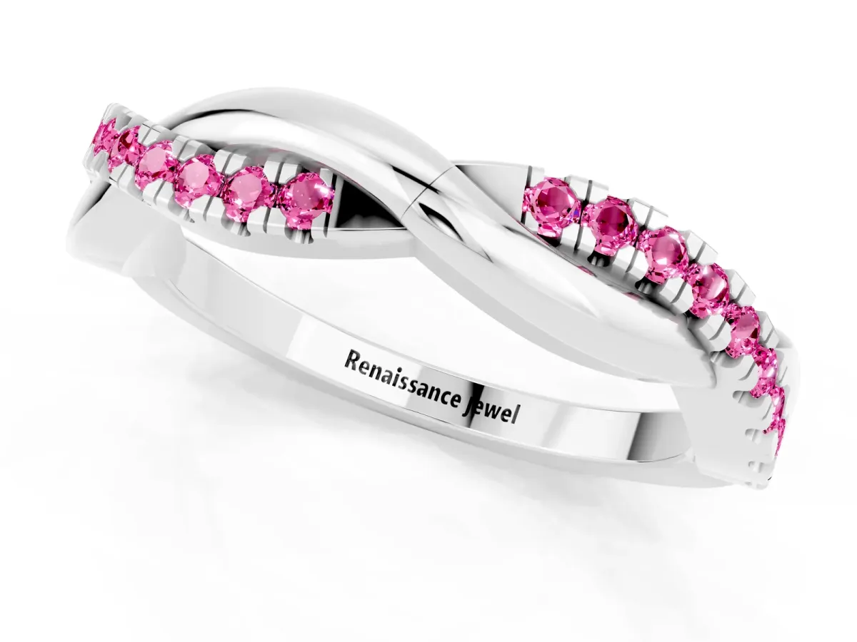 Round Pink Sapphire Twisted Infinity Band with Prong Setting Silver