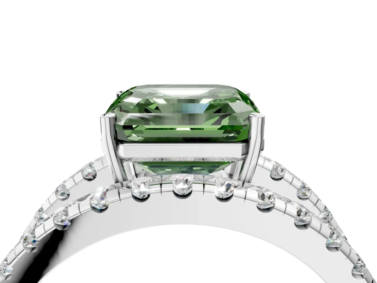 Fancy Green Asscher Cut Solitaire Split Shank Pave Diamond Ring Platinum