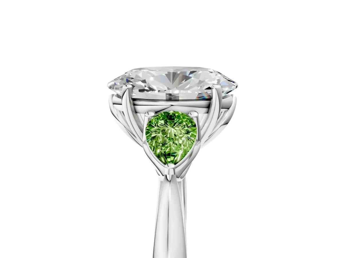 Oval Cut Diamond Three-Stone Ring with Pear Peridot Side Stones and Prong Setting Silver