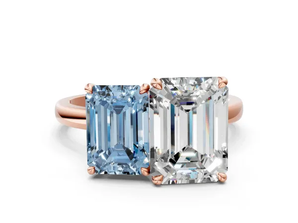 Fancy Blue Emerald Cut and Emerald Cut Toi Moi Ring with Prong Setting Rose gold