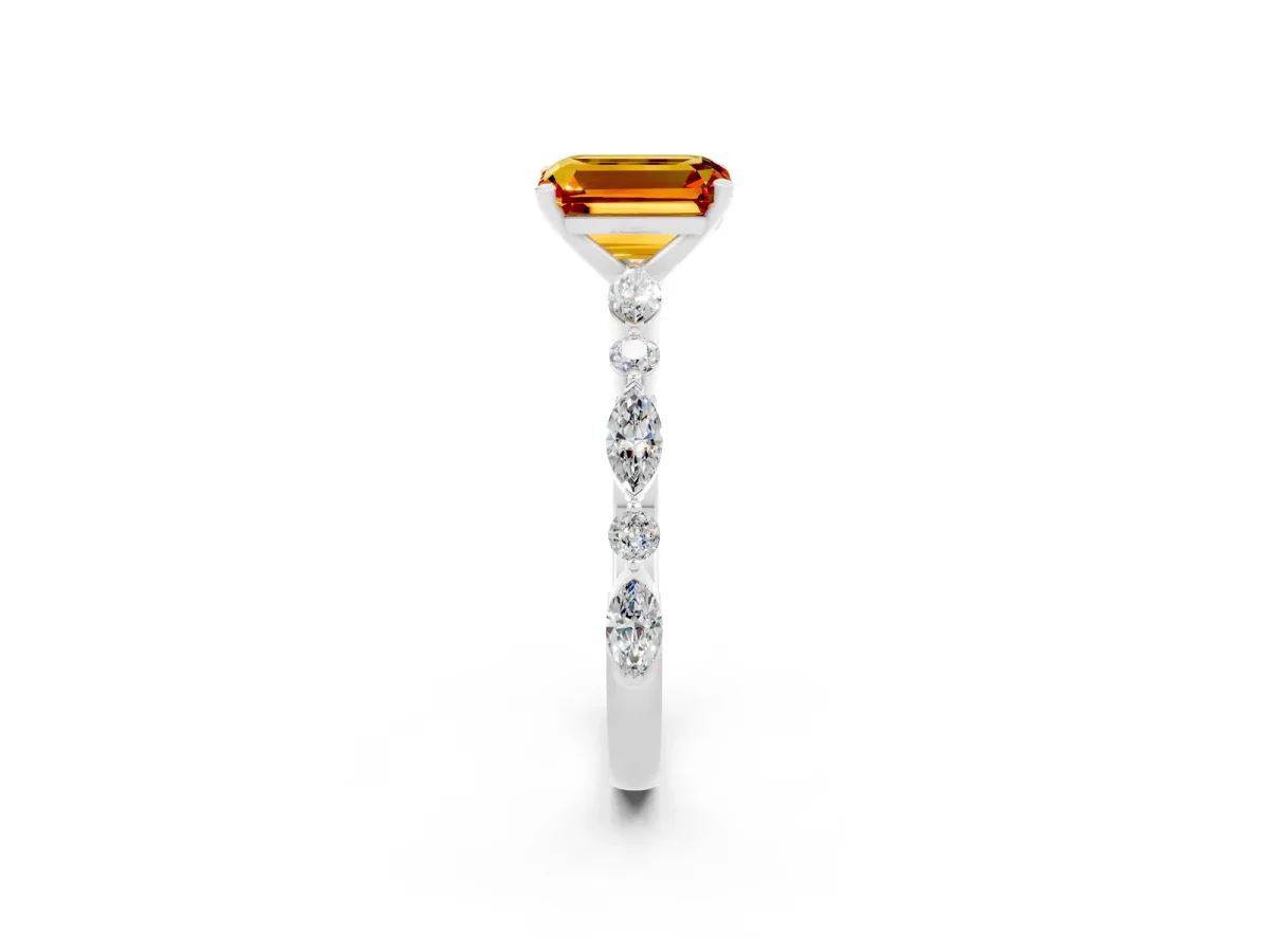 Emerald Cut Citrine Ring with Marquise and Round Side Stones and Four-Prong Setting Silver