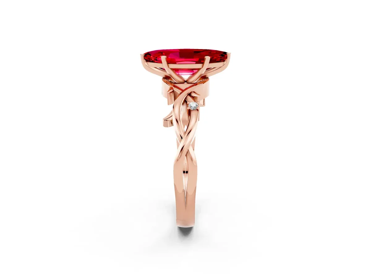 Marquise Cut Ruby Solitaire Ring with Twisted Band and Prong Setting Rose gold