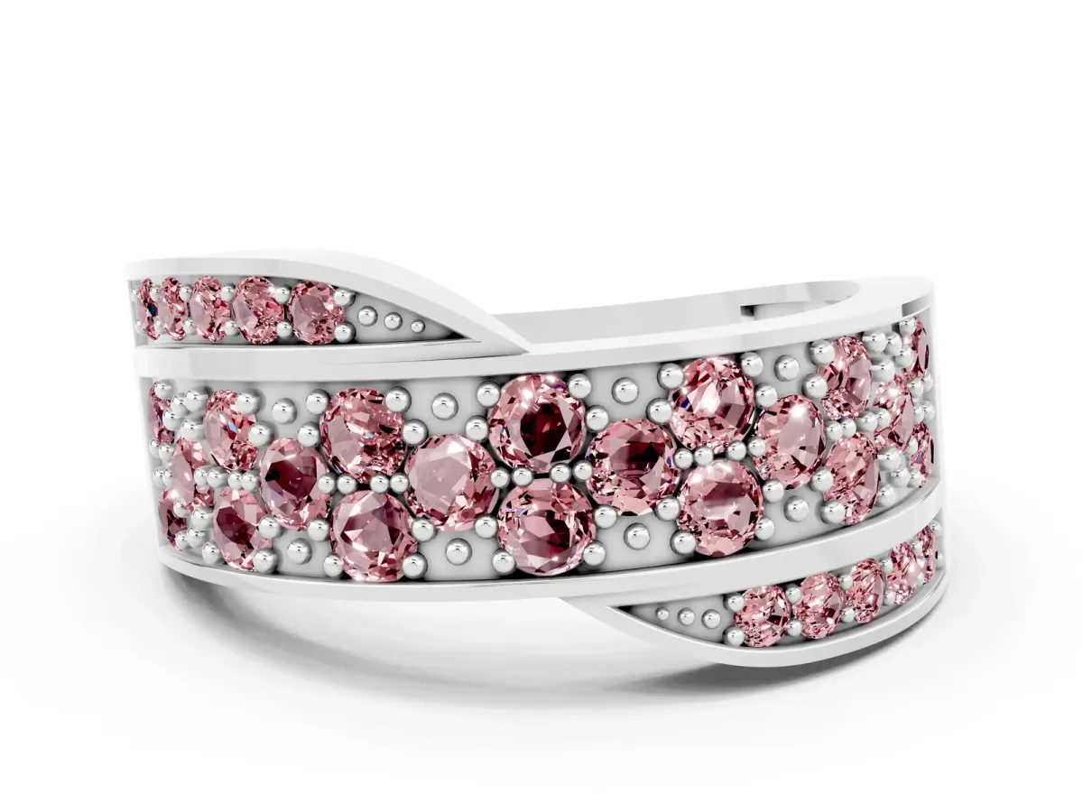 Pavé Round Morganite Crossover Band with Bead Prong Setting White gold