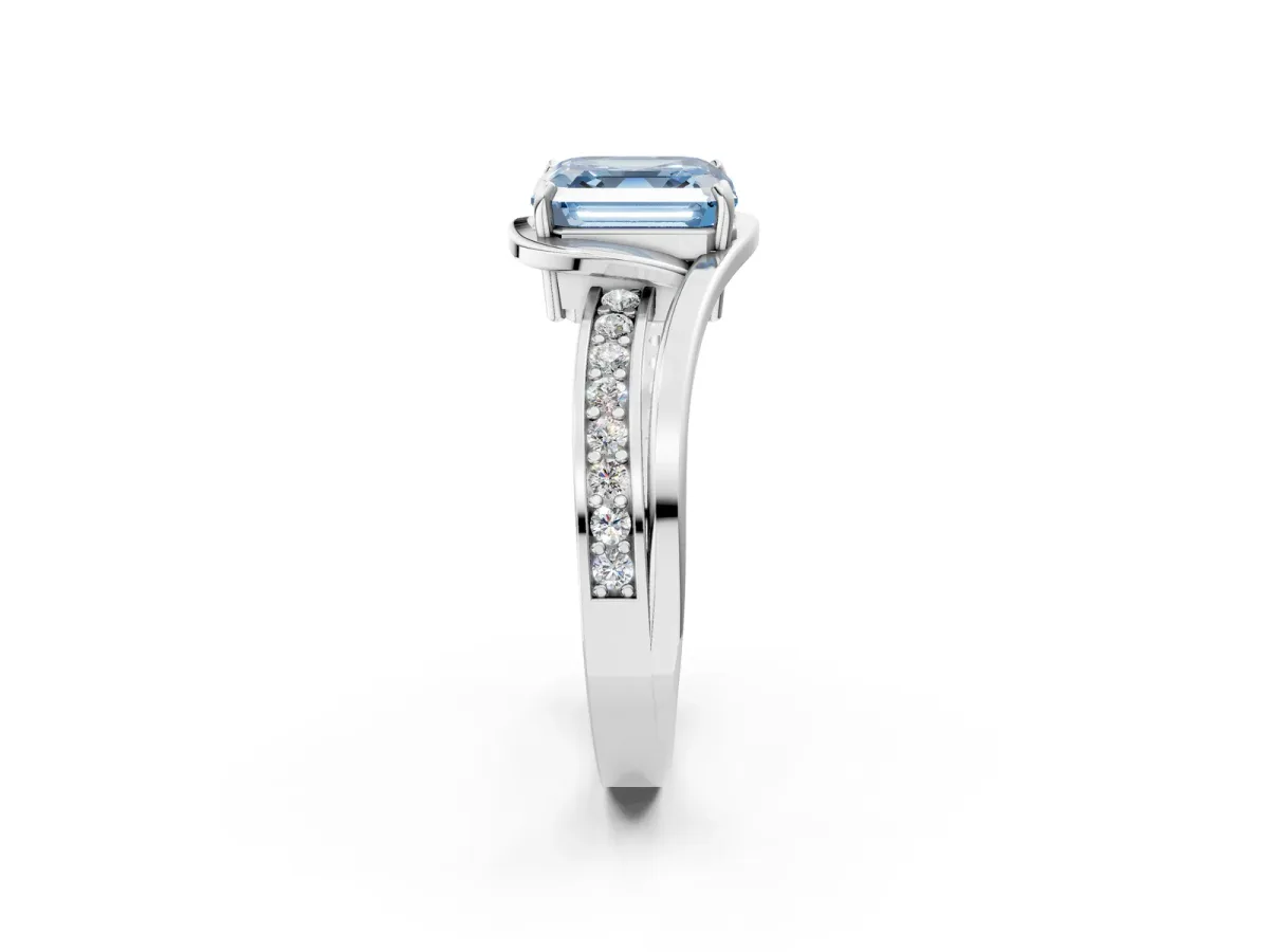 Fancy Blue Asscher Cut Diamond Solitaire Ring with Split Shank and Prong Setting Platinum