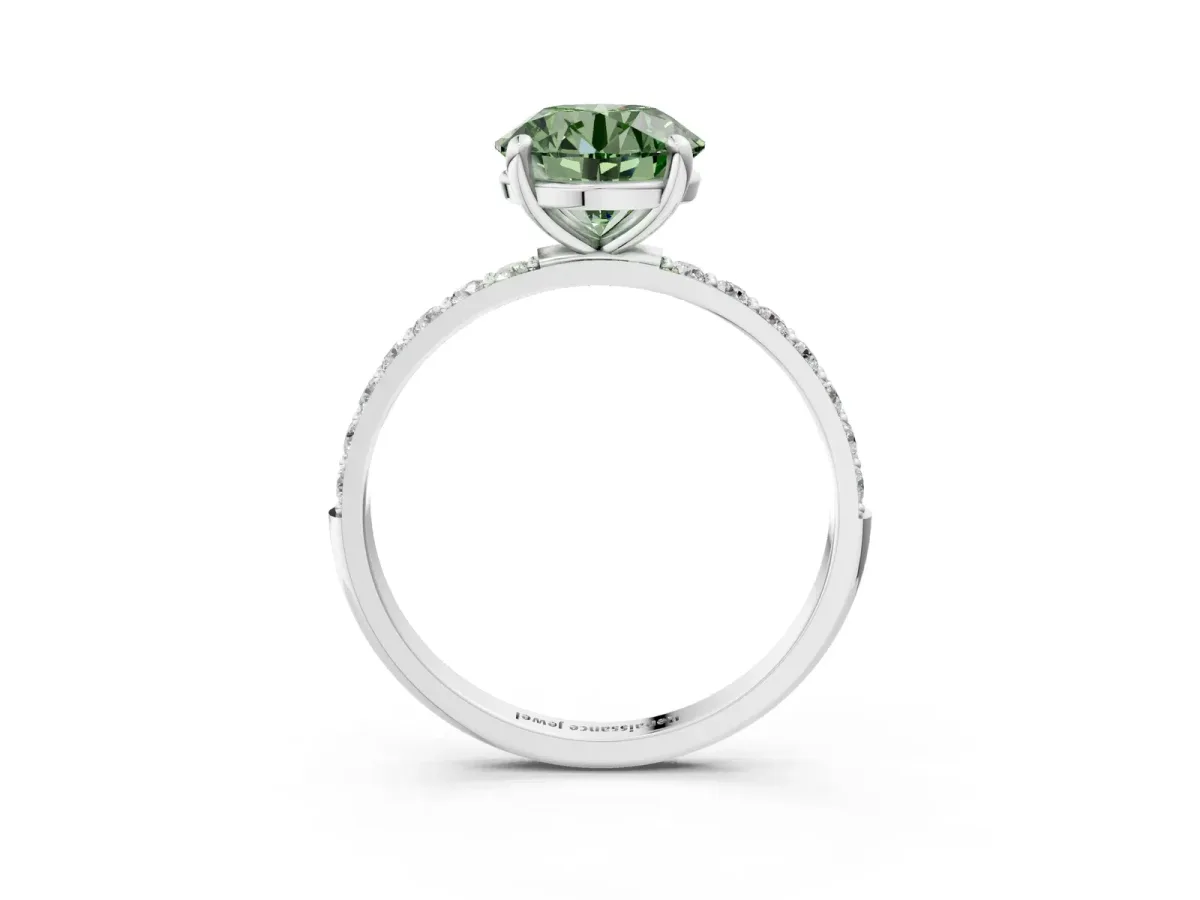 Fancy Green Round Cut Diamond Solitaire Ring with Round Pavé Band and Prong Setting Silver