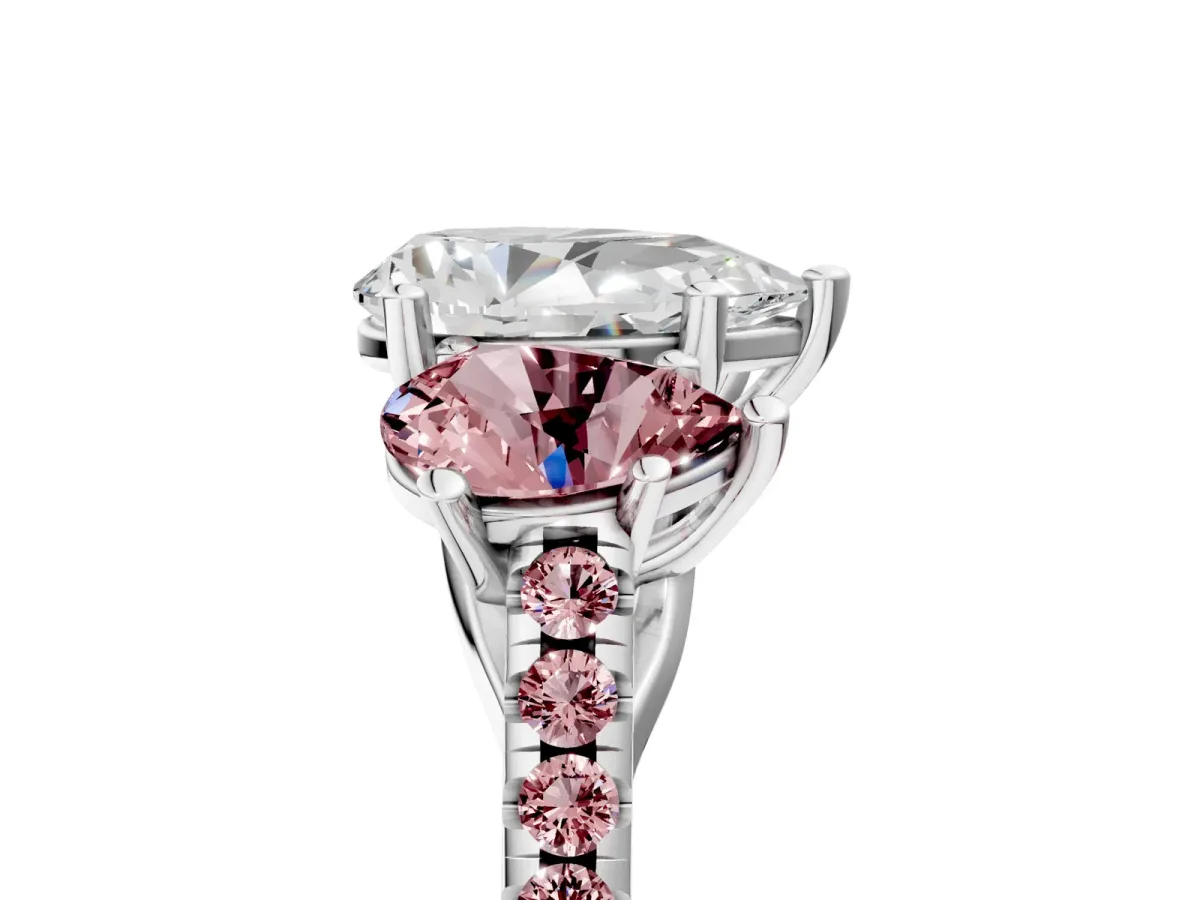 Three-Stone Pear Cut Diamond Ring with Round Morganite Pavé Band and Prong Setting Platinum