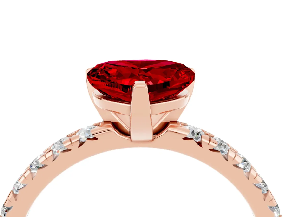 Heart Cut Ruby Solitaire Pavé Engagement Ring with Round Band and Prong Setting Rose gold