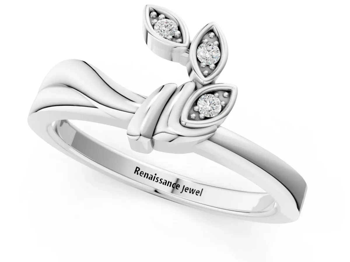 Three-Stone Round Diamond Leaf Bypass Ring with Bezel Setting Silver