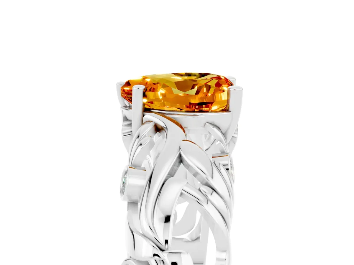 Heart Cut Solitaire Citrine Leaf-Inspired Vine Band Ring with Prong Setting Platinum