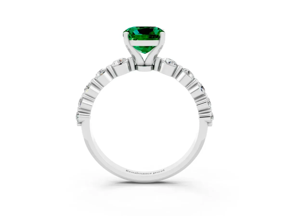 Cushion Cut Solitaire Emerald Ring with Pave Band and Four-Prong Setting Platinum