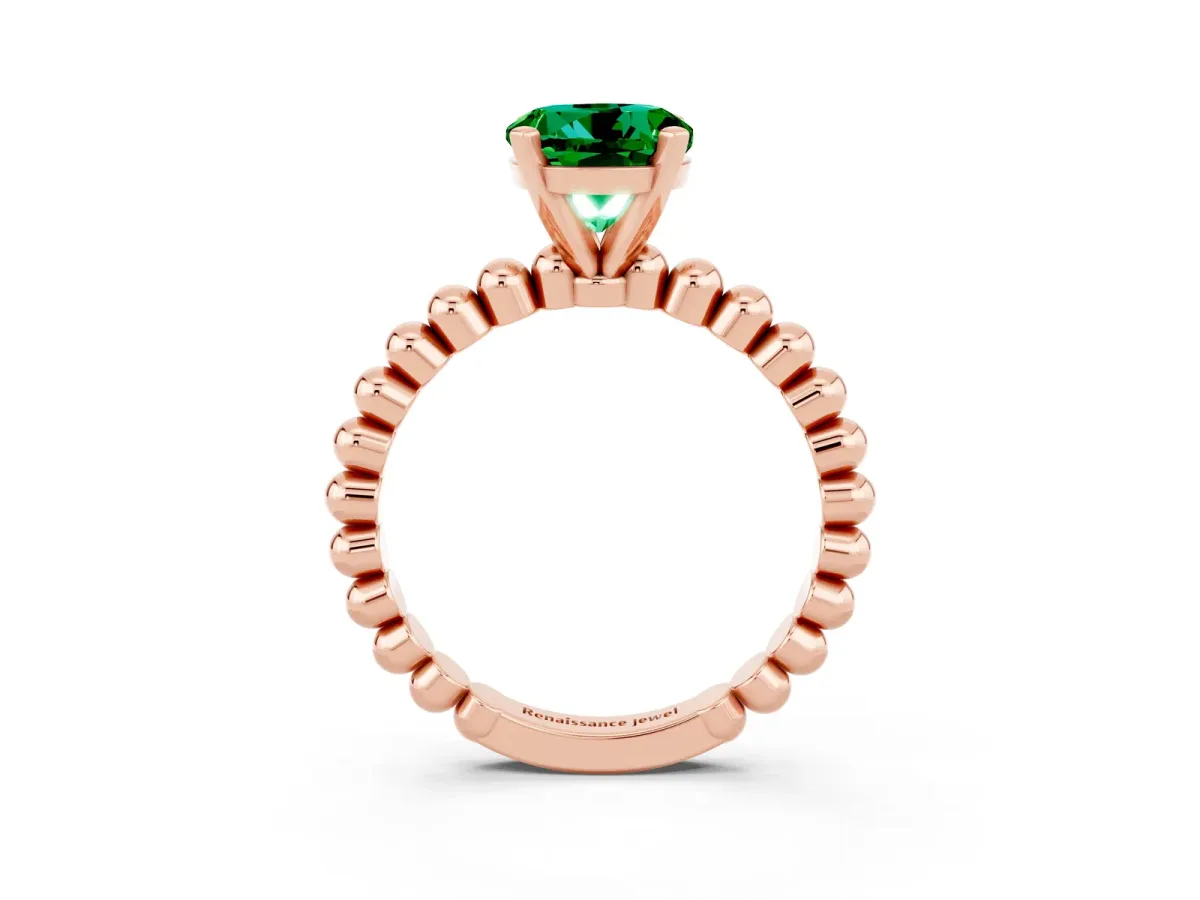 Round Cut Emerald Solitaire Ring with Beaded Band and Prong Setting Rose gold