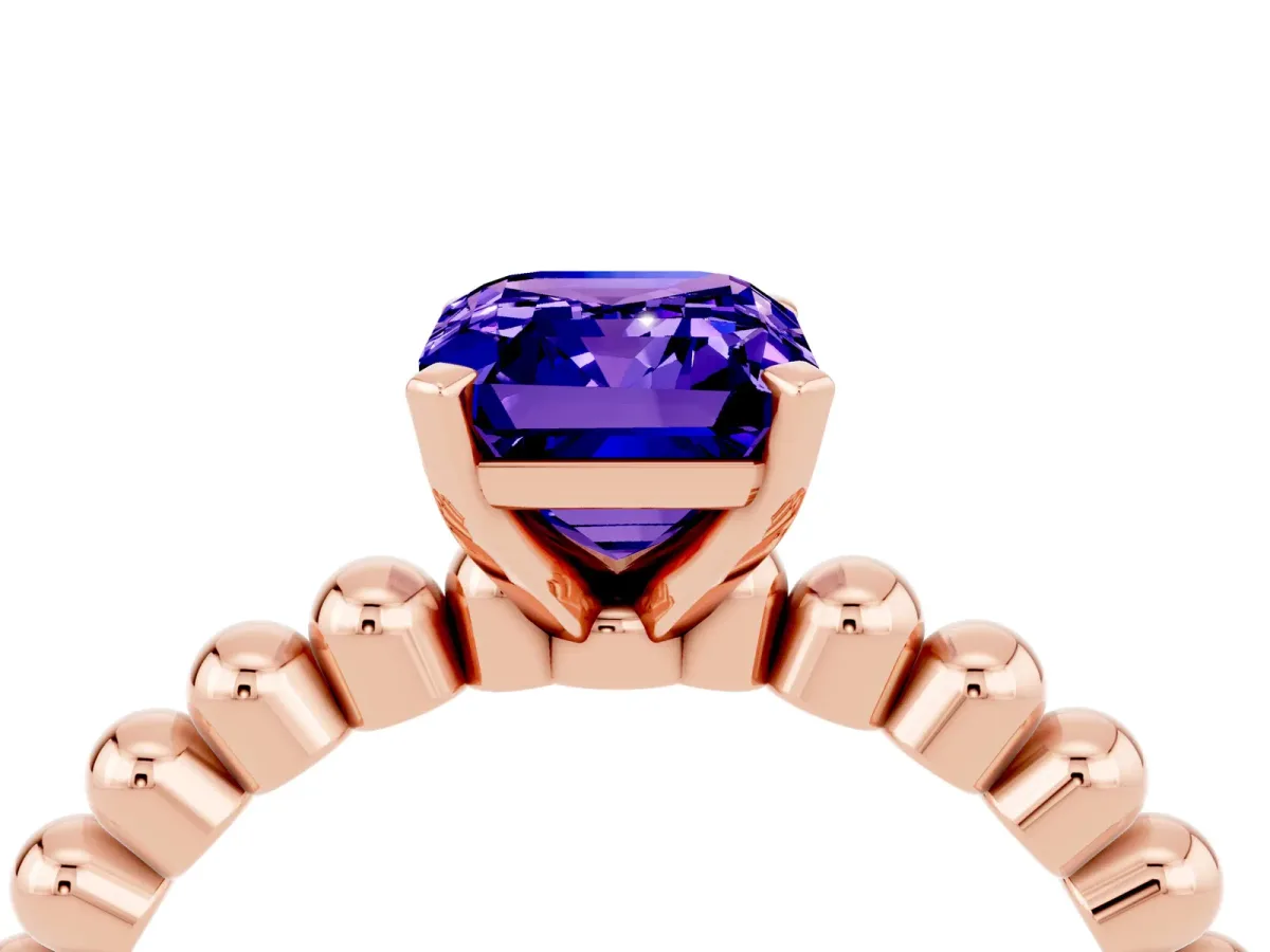 Emerald Cut Tanzanite Solitaire Ring with Beaded Band and Prong Setting Rose gold